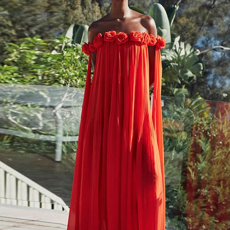 Women's Sexy Dress Spring One Neck Off The Shoulder Stitching Three Dimensional Floral Long Formal Dress Women
