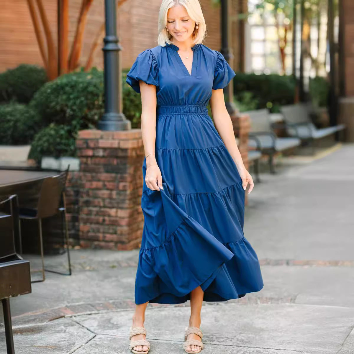 Women's High-Collar Puff-Sleeve Maxi Dress