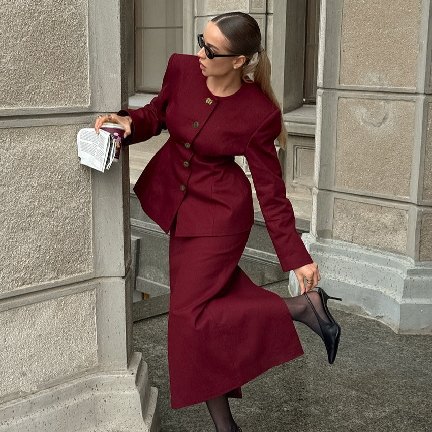 Women's Red Long-Sleeve Split Skirt Suit Two-Piece Set