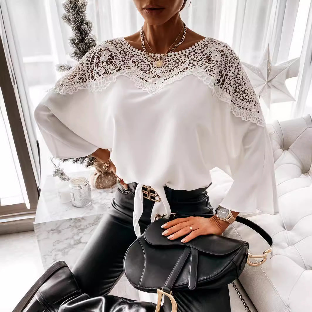 Women's Spring Autumn Long Sleeve Lace Shirt Solid Color Office Top Round Neck