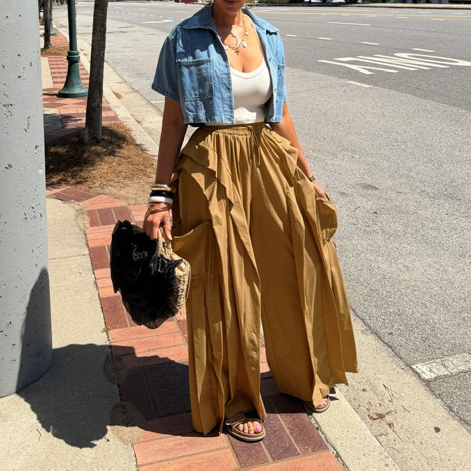 Ladies Casual Wide Leg Pants Stitching Lace Overalls Pocket Loose Trousers