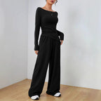 Autumn Winter Solid Color Long-Sleeve Casual Wide Leg Trousers Two-Piece Set