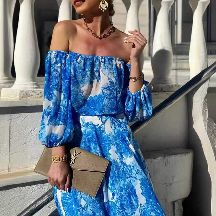 Off-Shoulder Printing High-Waist Elegant Dress