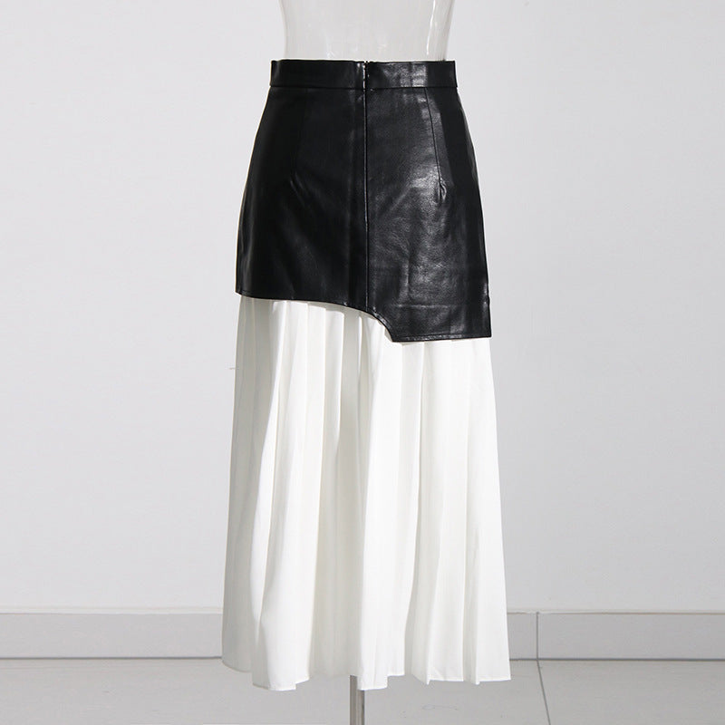 Personalized Street Contrast Color Leather Autumn Skirt