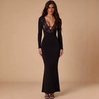 Women's Lace V Neck Dress Long Sleeve Slim Sheath Fishtail Dress