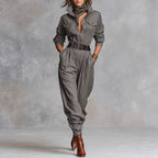 French Office Gray Long Sleeve Shirt Jumpsuit Brown Wide