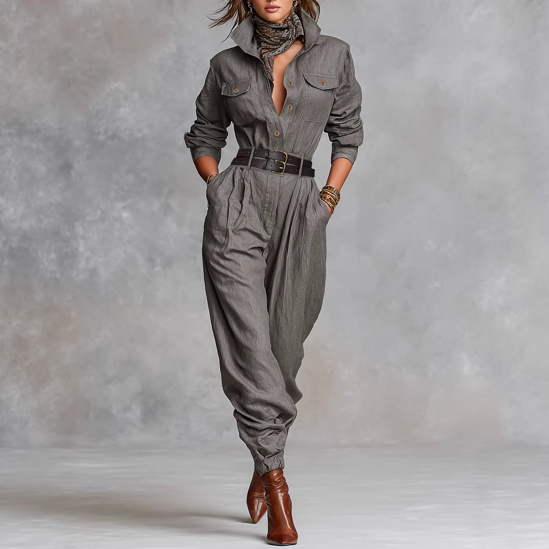 French Office Gray Long Sleeve Shirt Jumpsuit Brown Wide
