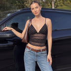 Sexy V neck Dot Mesh Patchwork Top Summer Slim Fit Slimming
