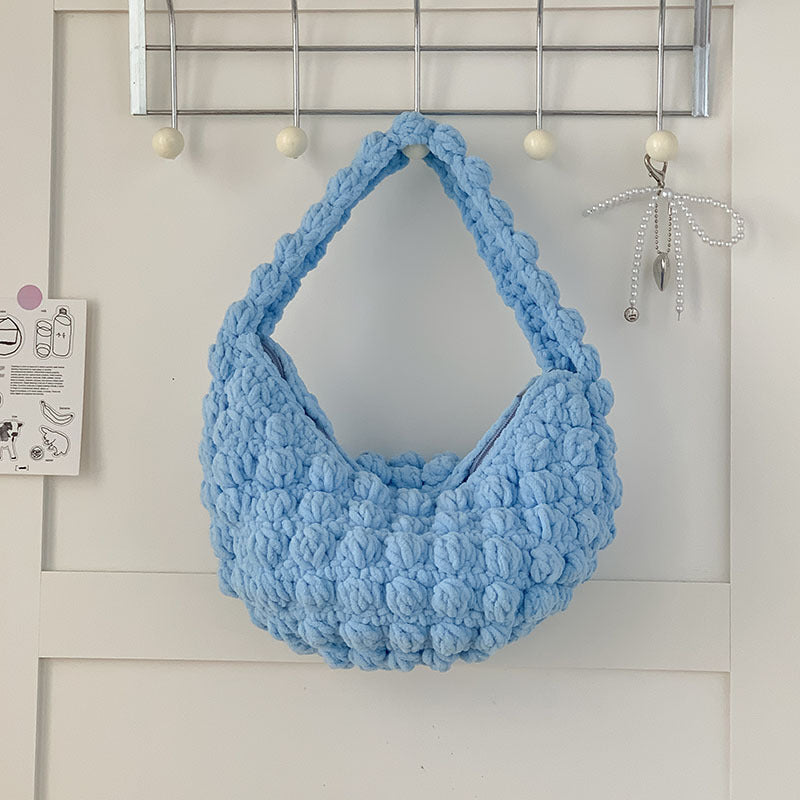 Women's Cute Portable Beanie Straw Bag Handmade Crocheted Solid Color Hand Carrying Woven Bag Women Seaside Vacation Beach Bag