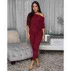 Women Clothing Comfortable Personality Reverse Shoulder Batwing Sleeve Blouse Pants Two Piece Set
