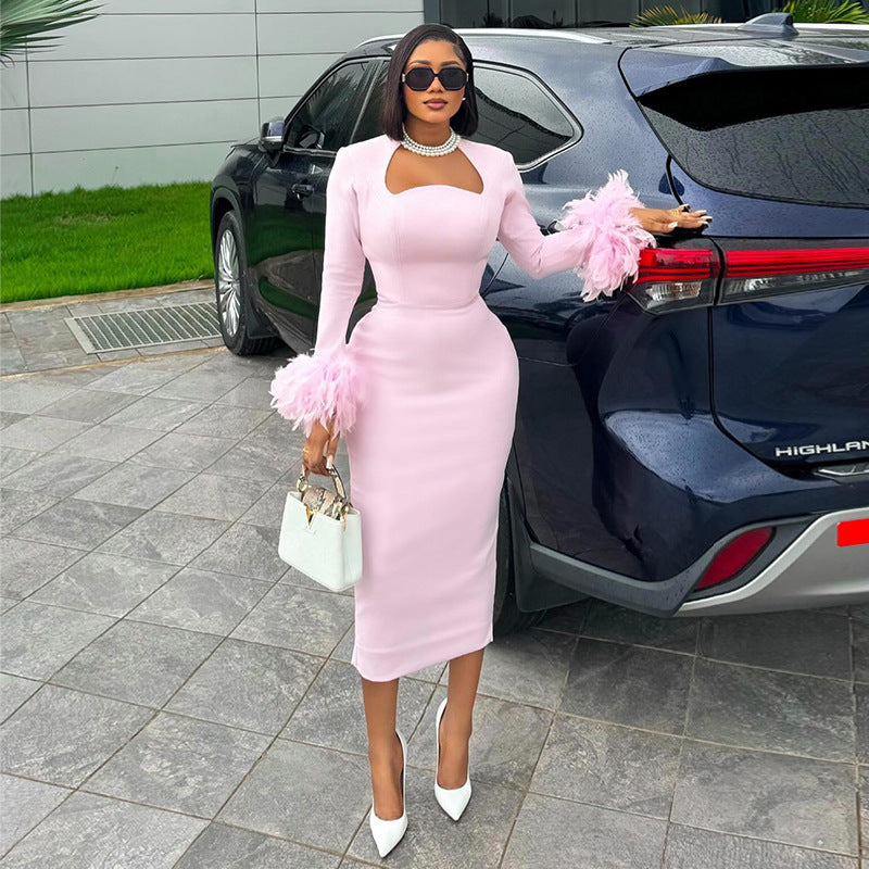 Women's Feather-Trim Long-Sleeve Bodycon Midi Dress