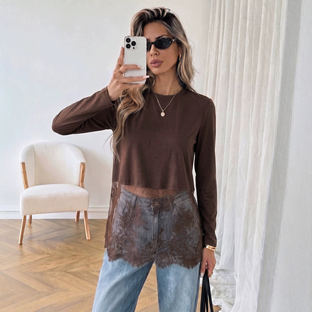 Women's Autumn Women Stitching Lace T Shirt Loose Hollow Out Cutout Long Sleeve Top
