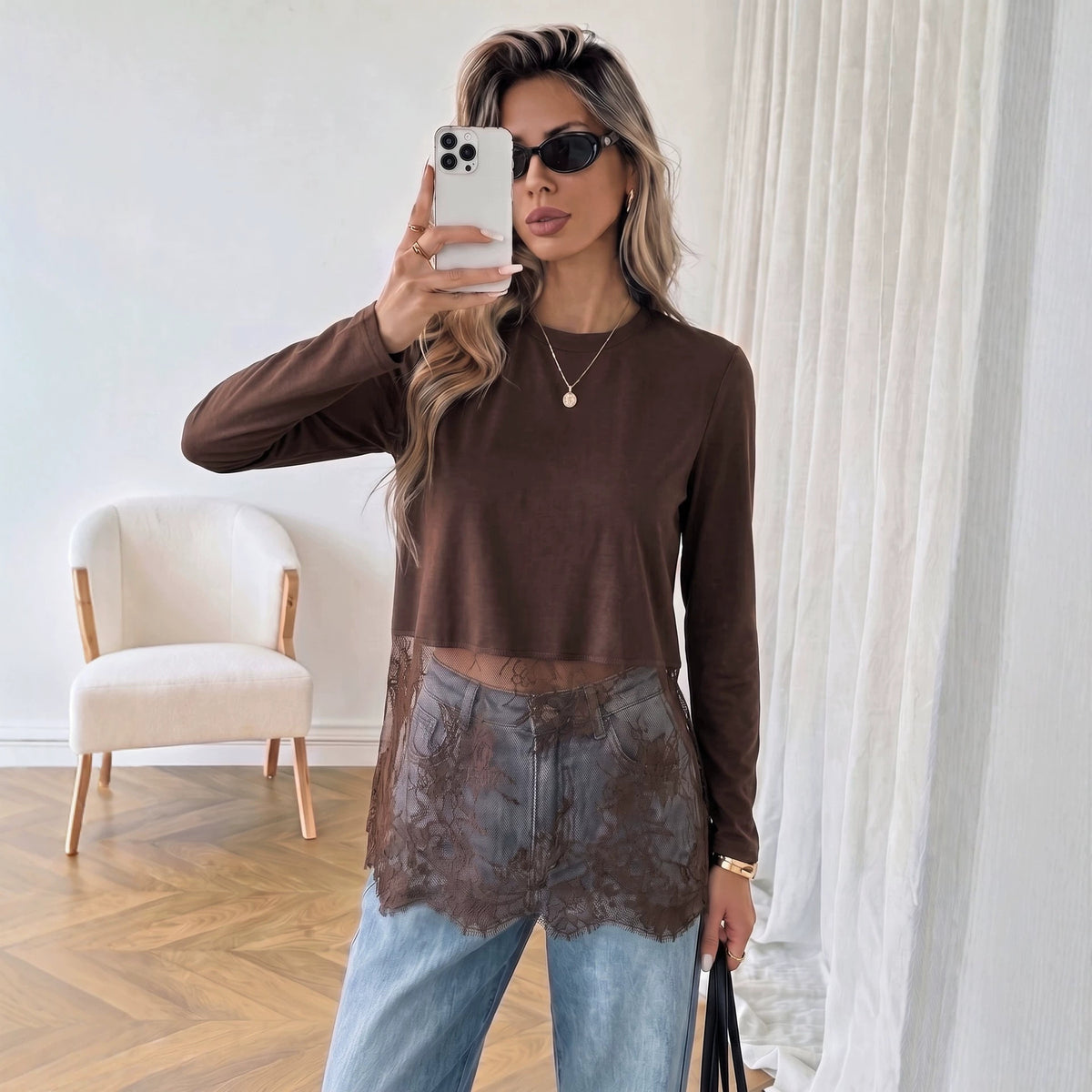 Women's Autumn Women Stitching Lace T Shirt Loose Hollow Out Cutout Long Sleeve Top