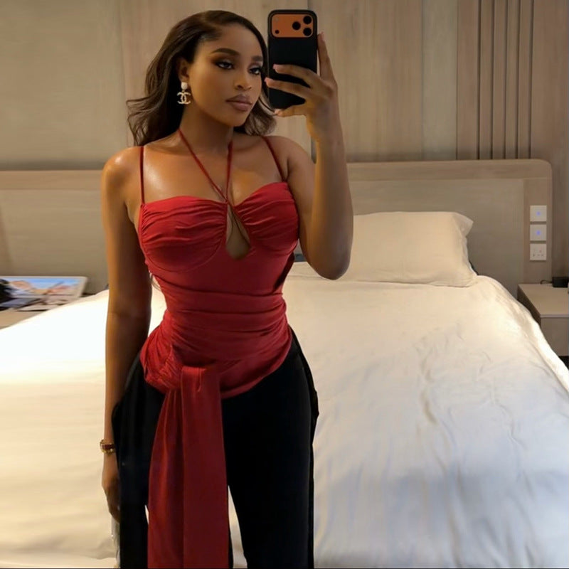 Women's Solid Color Women Pleated Thin Strap Halterneck Sleeveless Summer Backless Wrap Top