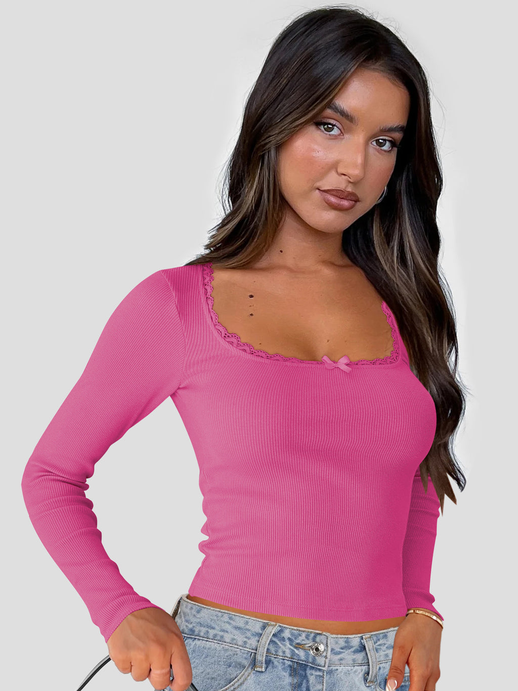 Women's Lace Bow Detail Long Sleeve Top