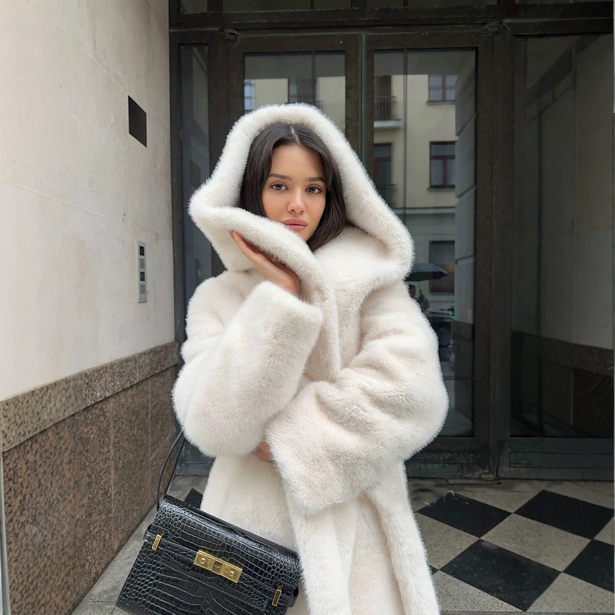 Women's Long Hooded Faux-Fur Coat