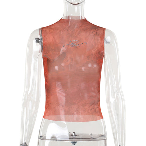 Orange sleeveless round-neck printed vest top on mannequin, sleeveless crop
