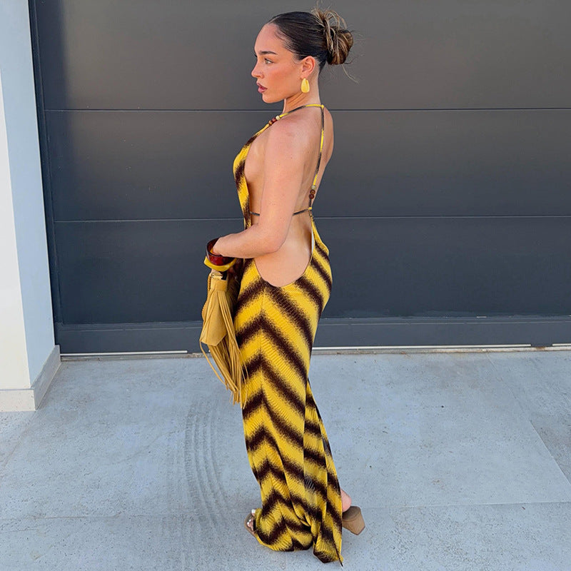 Women's Yellow Striped Halter Dress