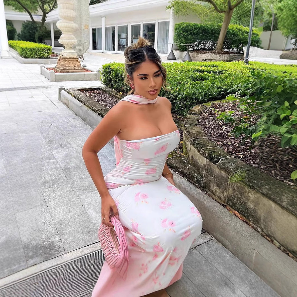 Floral Strapless Backless Bodycon Maxi Dress
