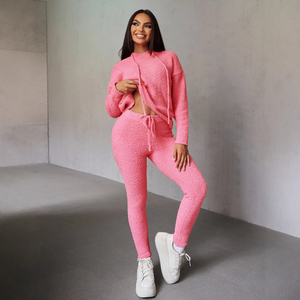 Autumn Winter Sweater Casual Hooded Plush Slim Fit Two Piece Sets