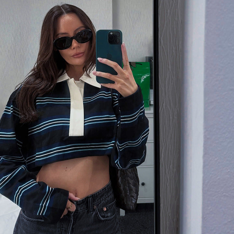 Women’s Blue Striped Polo Collar Crop Top