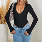Women’s Black Ruched V Neck Slim Fit Top
