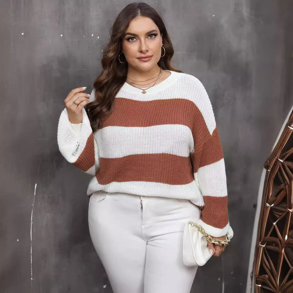 Plus Size Top Women Woven Sweater Women Clothes Contrast Color Striped Color Pullover Sweater
