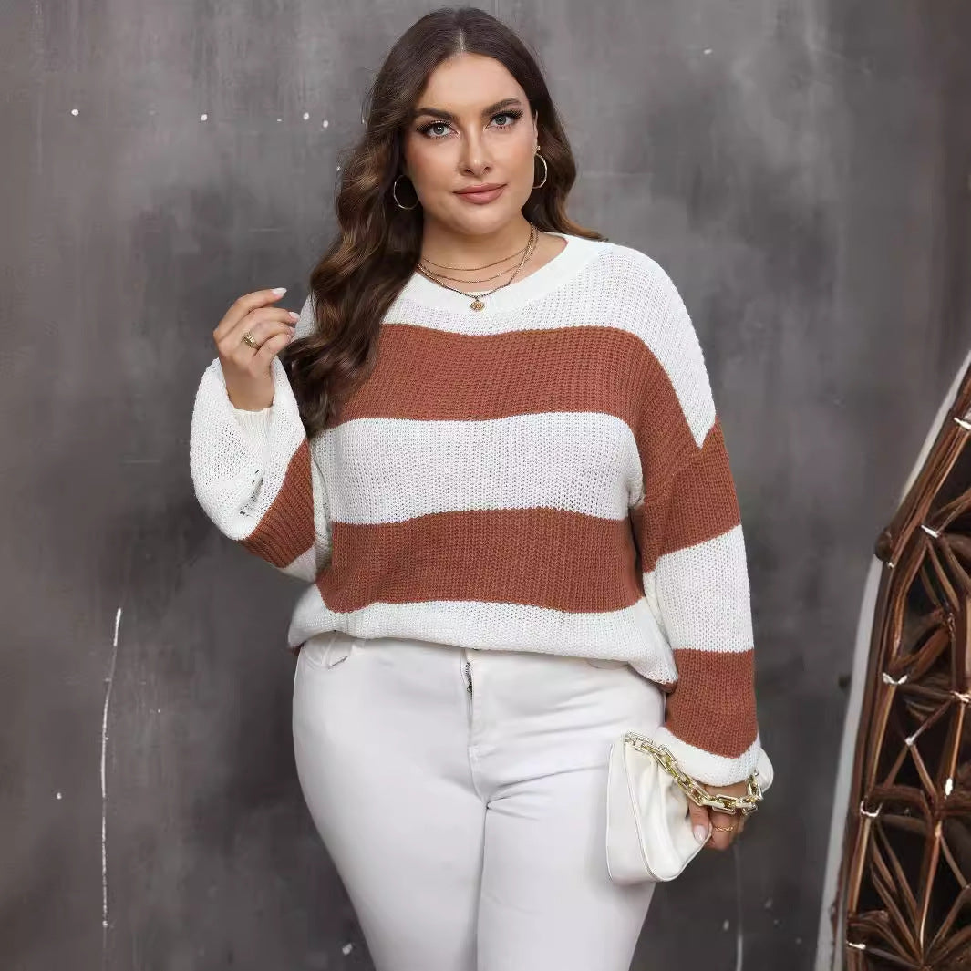 Plus Size Top Women Woven Sweater Women Clothes Contrast Color Striped Color Pullover Sweater