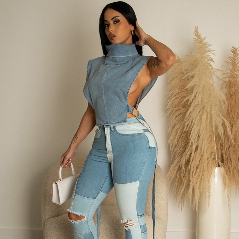Women's Denim Washed Pile Collar Sleeveless Workwear Short Vest