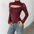 Lace Long Sleeve Jumpsuit Patchwork Cutout Half Turtleneck Sexy See through Jumpsuit Women