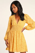 Women's Smocked Chiffon V-Neck Lantern-Sleeve Dress