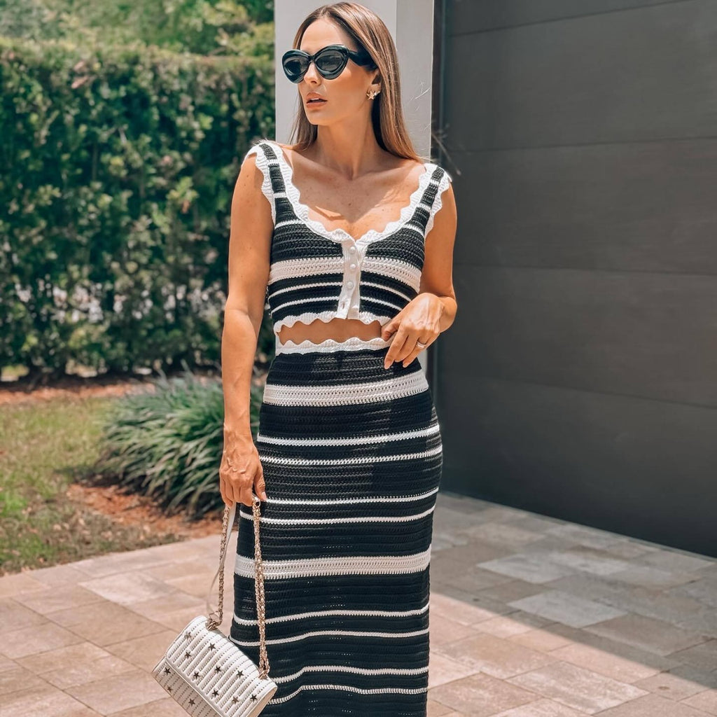 Women's Striped Casual Vest and Skirt Two-Piece Set