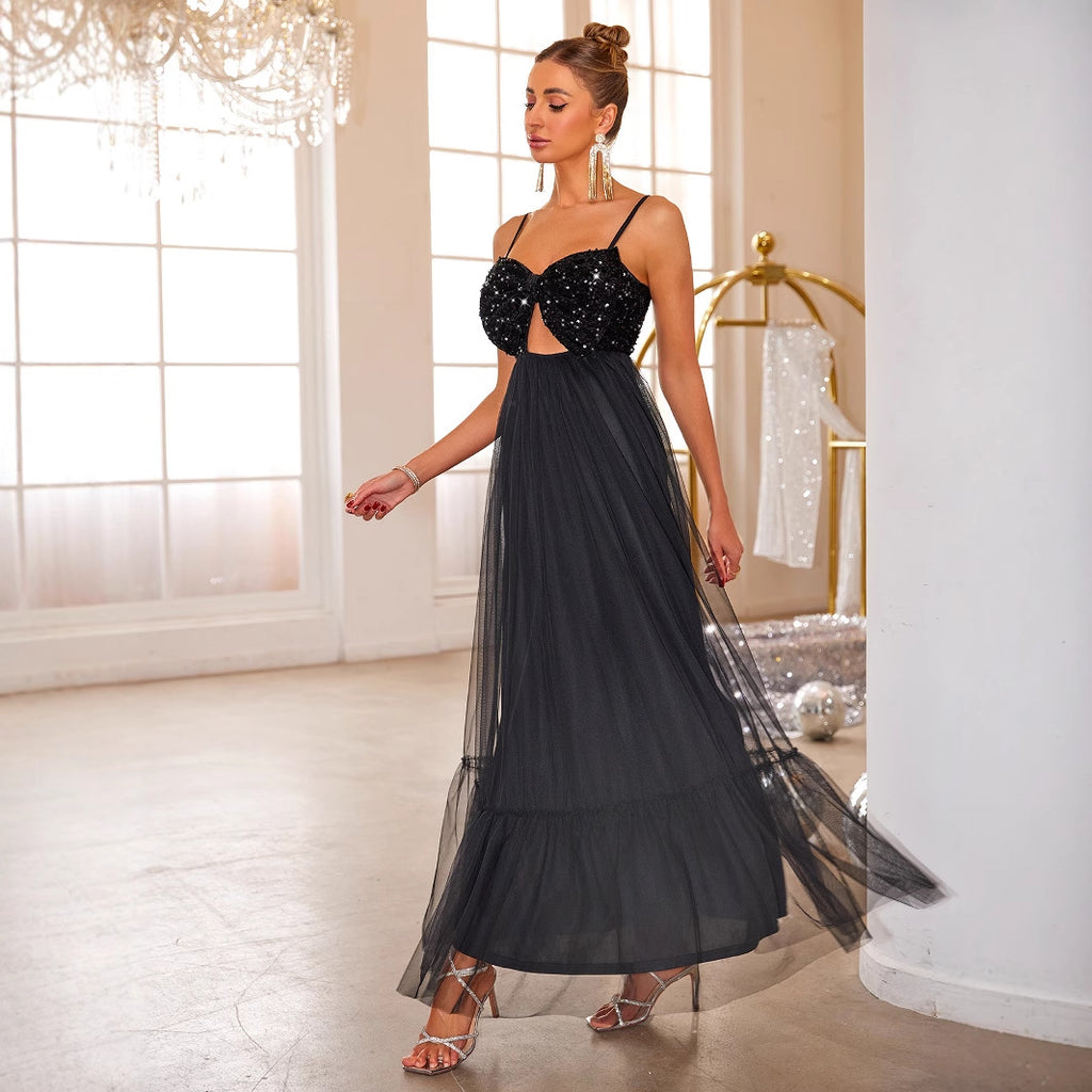 Mesh Sequin Camisole Evening Dress