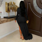 Sexy Solid Color Dinner Half High Collar Long Sleeves Pleated Side Gauze Dress