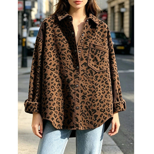 Women’s brown leopard-print corduroy button-up shirt jacket with chest flap pockets