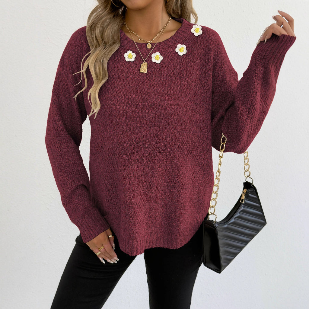 Autumn Winter Pullover Top Women Clothing Hand Crocheted Patchwork round Neck Comfort Casual Sweater