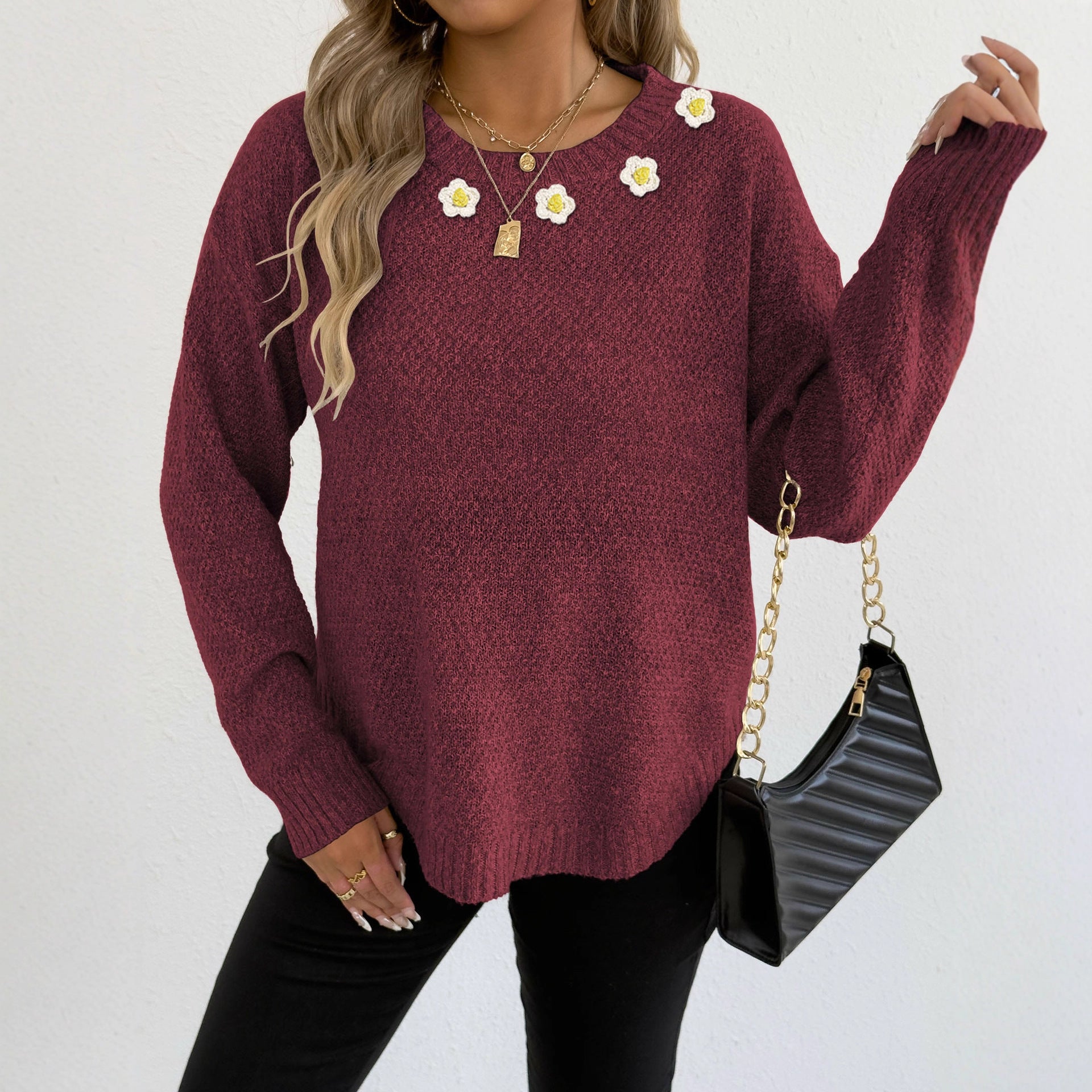 Autumn Winter Pullover Top Women Clothing Hand Crocheted Patchwork round Neck Comfort Casual Sweater
