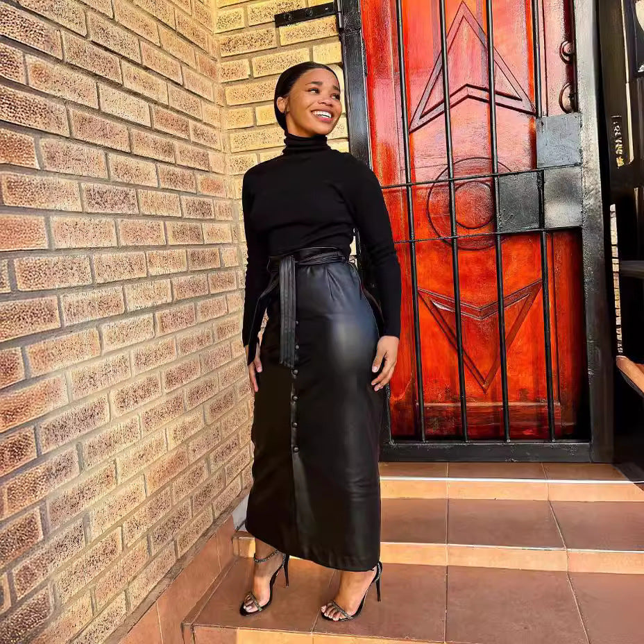Mid-Length Black Faux Leather Bag Buckle Slit Skirt