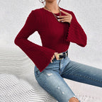 Women's Round Neck Flared Sleeves Wine Red T Shirt Office All