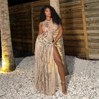 Women Clothing Summer Snake Print Sleeveless Jumpsuit Half Length Slit Skirt Set