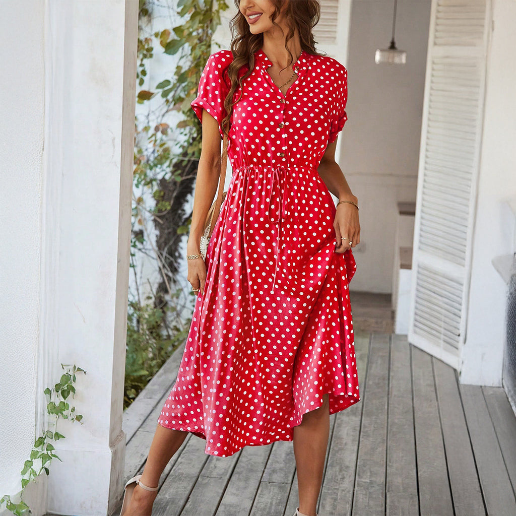 Vacation Polka-Dot Printed High-Waist Lace-Up Dress