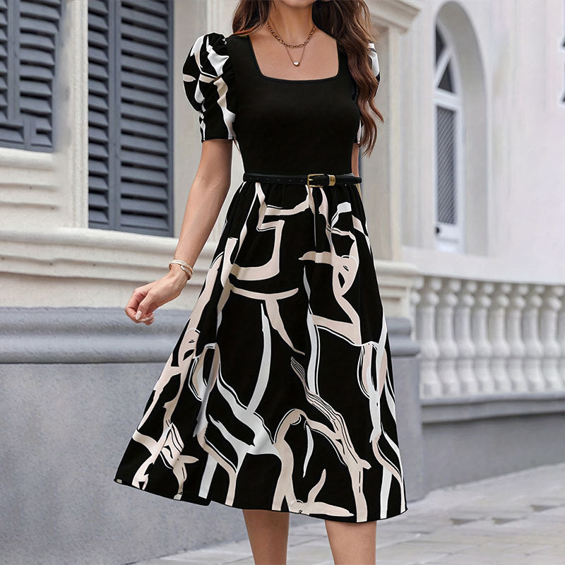 Graffiti Print Square-Neck Puff-Sleeve A-Line Midi Dress