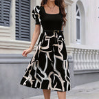Graffiti Print Square-Neck Puff-Sleeve A-Line Midi Dress