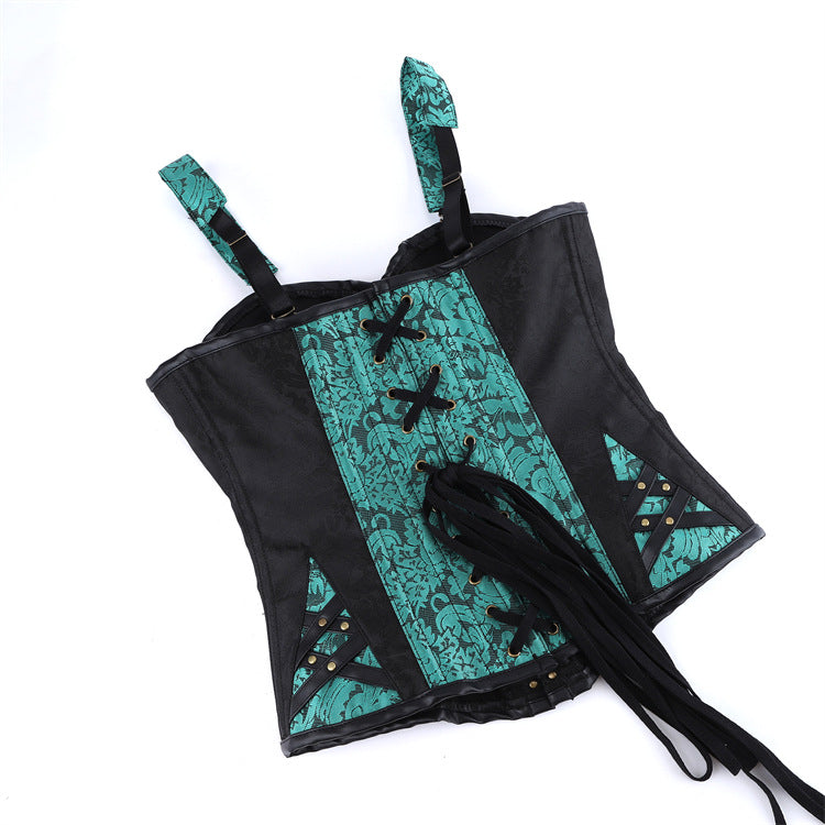 Women's Black and Green Gothic Lace-Up Bodysuit