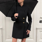 Black High-Collar Button Long-Sleeve A-Line Mini Dress