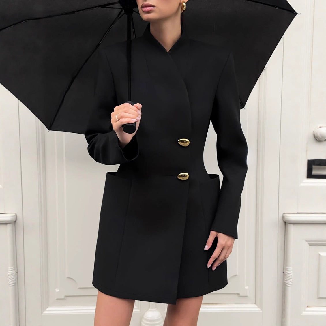 Black High-Collar Button Long-Sleeve A-Line Mini Dress