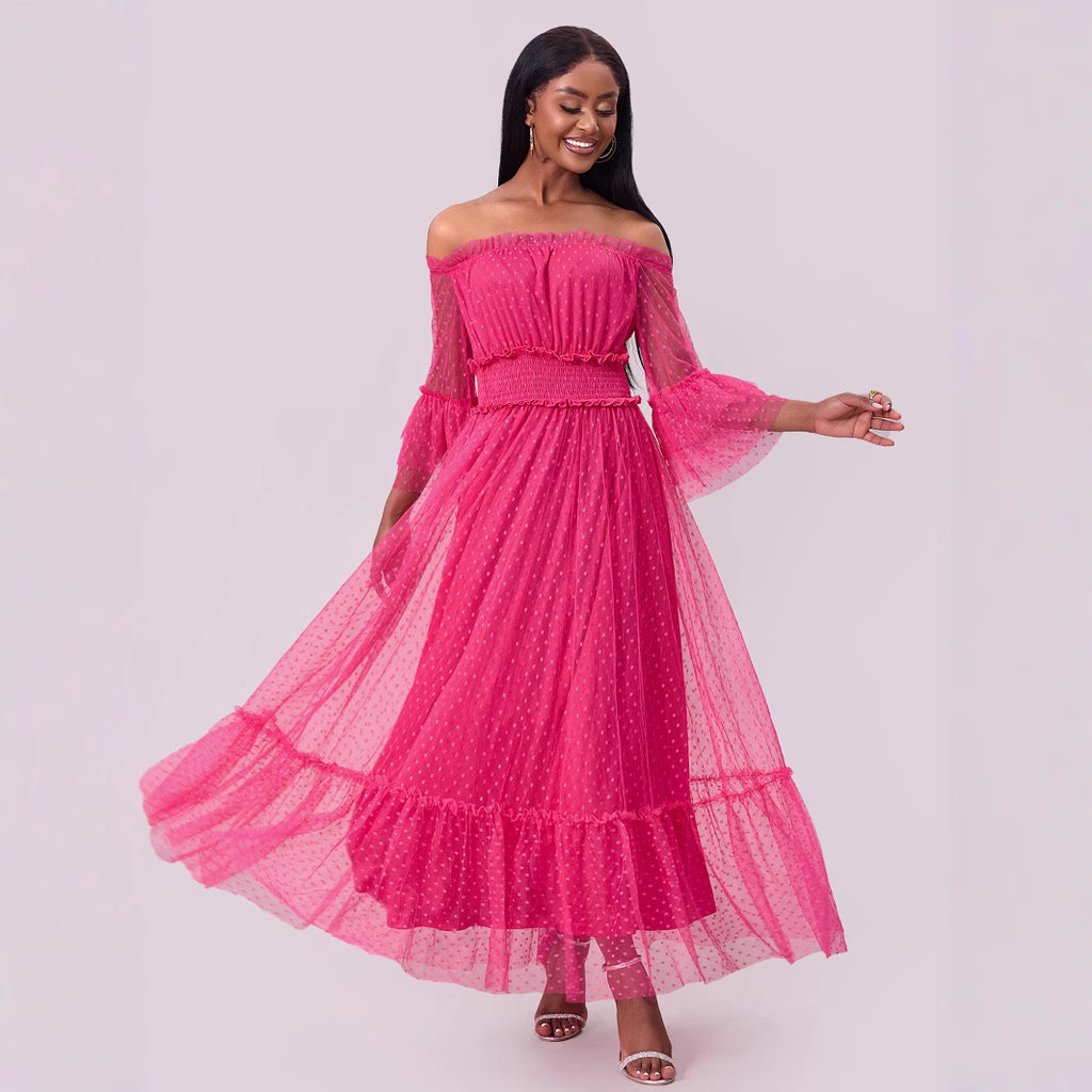 Women's Off-Shoulder Mesh Long-Sleeve Maxi Dress