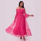 Women's Off-Shoulder Mesh Long-Sleeve Maxi Dress