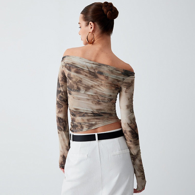 Women's Retro 3D Printed Sexy Off Shoulder Pleated Top Bare Cropped Slim Fit T Shirt Women Spring