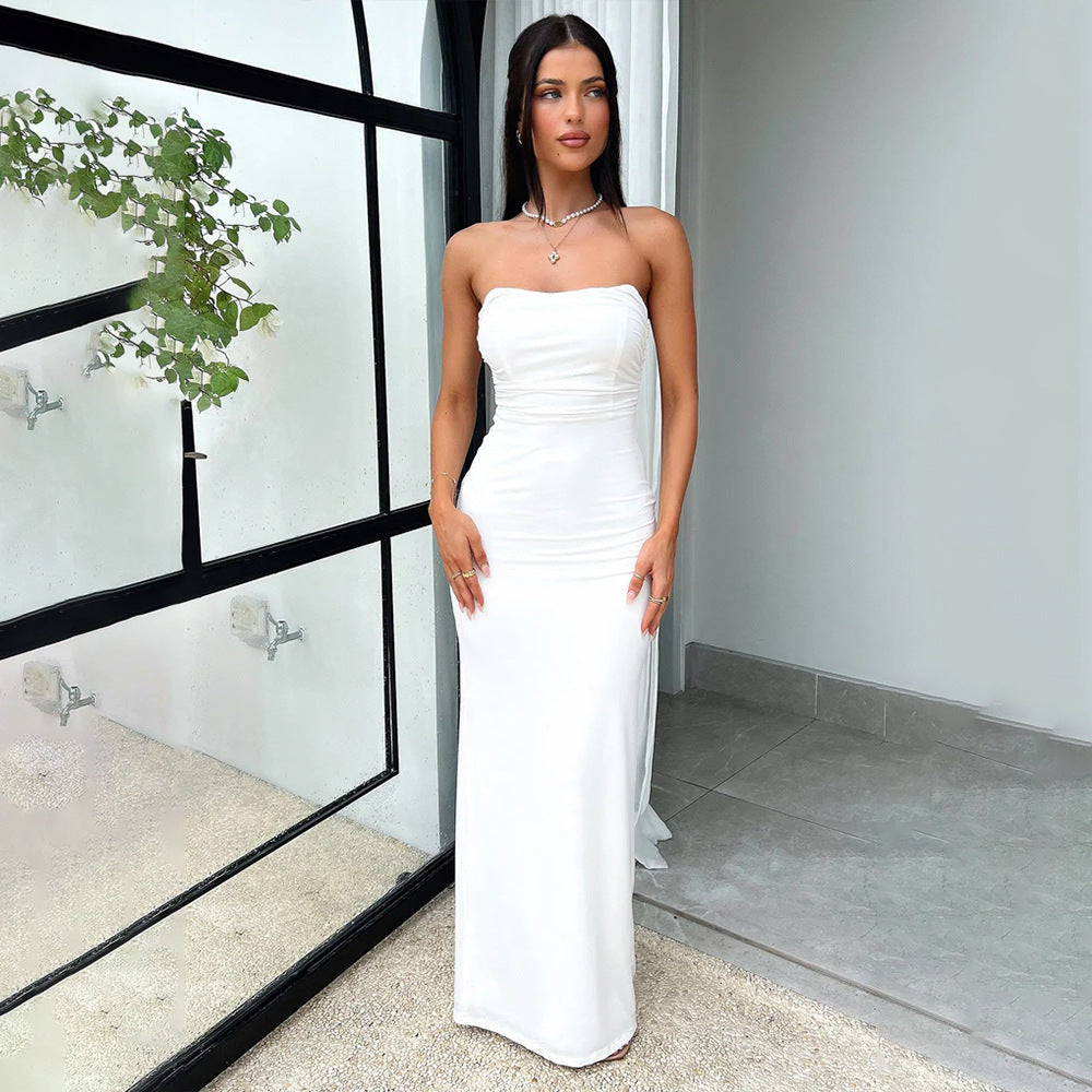 Strapless Lace-Up Ruched Bodycon Maxi Dress